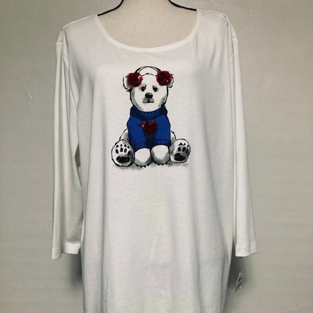 KAREN SCOTT Size: 3X White Polar Bear Cub Sweater w/ 3/4 Sleeves & Red Sequins